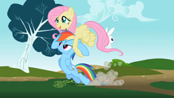 Size: 1280x720 | Tagged: safe, screencap, character:angel bunny, character:fluttershy, character:rainbow dash, species:pegasus, species:pony, species:rabbit, episode:may the best pet win, g4, my little pony: friendship is magic, animal, displeased, dragging, female, flapping, flying, folded wings, lidded eyes, mare, open mouth, smiling, spread wings, trio, wings