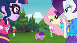 Size: 1920x1080 | Tagged: safe, screencap, character:bulk biceps, character:fluttershy, character:rarity, character:spike, character:spike (dog), character:twilight sparkle, character:twilight sparkle (scitwi), species:dog, species:eqg human, episode:lost and pound, g4, my little pony:equestria girls, clothing, cute, female, geode of fauna, glasses, hat, lost and pound: spike, magical geodes, male, outdoors, peppermint azure, princess thunder guts, shyabetes, spike's festival hat