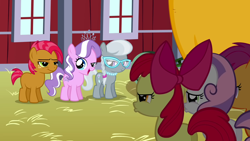 Size: 1280x720 | Tagged: safe, screencap, character:apple bloom, character:babs seed, character:diamond tiara, character:scootaloo, character:silver spoon, character:sweetie belle, species:earth pony, species:pegasus, species:pony, species:unicorn, apple bloom's bow, bow, cutie mark crusaders, female, filly, glasses, hair bow, jewelry, necklace, pearl necklace, photo, tiara
