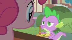 Size: 1280x720 | Tagged: safe, screencap, character:pinkie pie, character:spike, species:dragon, species:earth pony, species:pony, episode:owl's well that ends well, g4, my little pony: friendship is magic, female, food, fork, male, mare, pastry, quiche