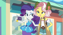 Size: 1920x1080 | Tagged: safe, screencap, character:rarity, character:vignette valencia, equestria girls:rollercoaster of friendship, g4, my little pony:equestria girls, beauty mark, bracelet, cellphone, clothing, duo, duo female, eyeshadow, female, flower, flower in hair, geode of shielding, holly, jewelry, lidded eyes, magical geodes, makeup, pencil skirt, phone, raised eyebrow, selfie, shorts, skirt, smartphone, vignette valencia