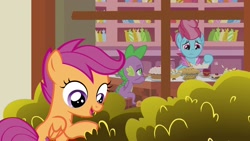 Size: 1920x1080 | Tagged: safe, screencap, character:cup cake, character:scootaloo, character:spike, species:dragon, species:earth pony, species:pegasus, species:pony, episode:the big mac question, g4, my little pony: friendship is magic, apple, batter, cute, cutealoo, female, filly, folded wings, food, male, mare, pie, smiling, window, winged spike, wings