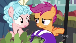 Size: 1280x720 | Tagged: safe, screencap, character:cozy glow, character:scootaloo, species:pegasus, species:pony, episode:marks for effort, g4, my little pony: friendship is magic, discovery family logo, female, filly, food, helmet, pear