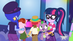 Size: 1920x1080 | Tagged: safe, screencap, character:spike, character:spike (dog), character:twilight sparkle, character:twilight sparkle (scitwi), species:dog, species:eqg human, episode:the road less scheduled, g4, my little pony:equestria girls, ass, bandana, butt, clothing, duke suave, female, geode of telekinesis, glasses, hat, holding hands, hunter hedge, magical geodes, male, offscreen character, panama hat, ponytail, raspberry lilac, space booty, space camp (character), the road less scheduled: microchips