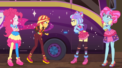 Size: 1920x1080 | Tagged: safe, screencap, character:kiwi lollipop, character:pinkie pie, character:sunset shimmer, character:supernova zap, equestria girls:sunset's backstage pass, g4, my little pony:equestria girls, angry, bus, choker, clothing, feet, female, geode of sugar bombs, high heels, k-lo, kiwi lollipop, legs, magical geodes, miniskirt, pantyhose, postcrush, shoes, skirt, smiling, sneakers, socks, su-z, sunset shimmer is not amused, supernova zap, thigh highs, tour bus, unamused, zettai ryouiki