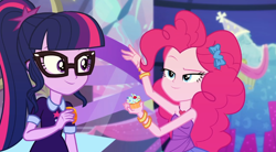 Size: 1004x556 | Tagged: safe, screencap, character:pinkie pie, character:twilight sparkle, character:twilight sparkle (scitwi), species:eqg human, episode:twilight under the stars, g4, my little pony:equestria girls, bare shoulders, cupcake, food, sleeveless, strapless