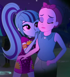 Size: 810x887 | Tagged: safe, screencap, character:aria blaze, character:sonata dusk, episode:find the magic, g4, my little pony:equestria girls, coral pink, cropped, cute, eyes closed, female, minidress, offscreen character, ponytail, sleeveless, sonatabetes, taco dress