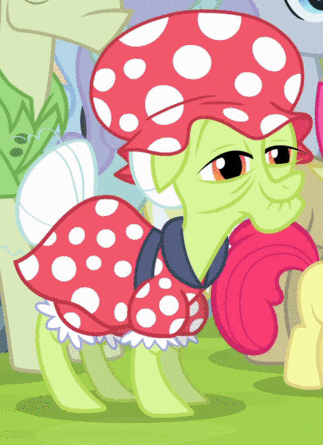 Size: 323x445 | Tagged: safe, screencap, character:apple bloom, character:granny smith, species:pony, episode:leap of faith, g4, my little pony: friendship is magic, :o, animated, clothing, cropped, gif, hat, offscreen character, open mouth, swimming cap