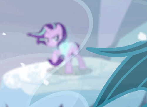 Size: 500x363 | Tagged: safe, screencap, character:queen chrysalis, character:starlight glimmer, species:changeling, species:pony, species:unicorn, episode:the ending of the end, g4, my little pony: friendship is magic, animated, cropped, female, mare, smug, smuglight glimmer, snow, solo focus, wind, windswept mane