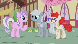 Size: 900x508 | Tagged: safe, screencap, character:diamond tiara, character:silver spoon, character:twist, species:earth pony, species:pony, episode:the last problem, g4, my little pony: friendship is magic, adult, braid, female, glasses, jewelry, mare, necklace, older, older diamond tiara, older silver spoon, older twist, pearl necklace, trio