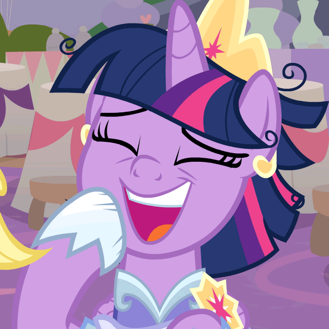 Size: 659x659 | Tagged: safe, screencap, character:twilight sparkle, character:twilight sparkle (alicorn), species:alicorn, species:pony, episode:the last problem, g4, my little pony: friendship is magic, alternate hairstyle, animated, cheek squish, clothing, cropped, crown, cute, dress, gif, gown, jewelry, laughing, messy mane, regalia, solo focus, squishy cheeks, twiabetes