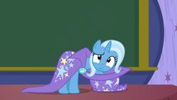 Size: 1280x720 | Tagged: safe, screencap, character:trixie, species:pony, episode:a matter of principals, g4, my little pony: friendship is magic, cape, chalkboard, clothing, hat, trixie's cape, trixie's hat
