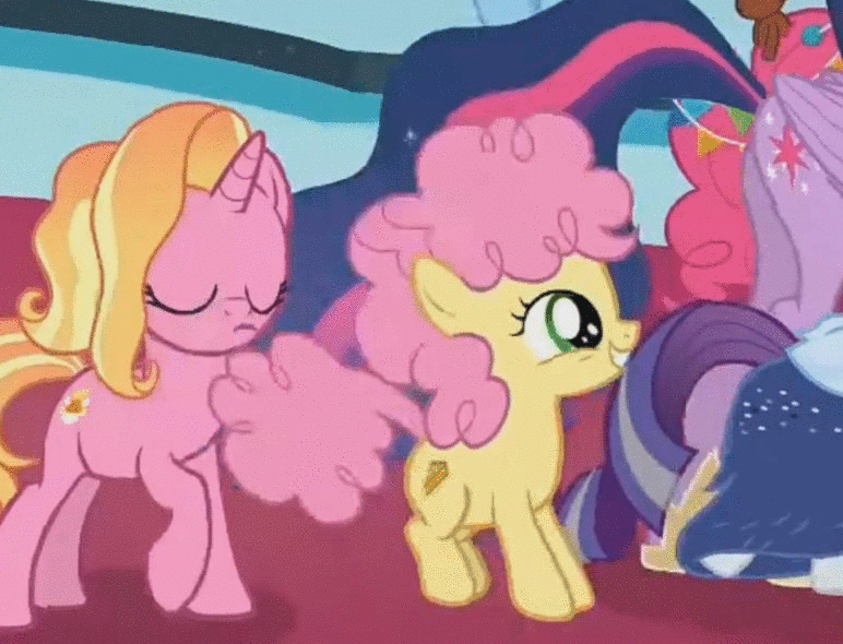 Size: 772x590 | Tagged: safe, screencap, character:li'l cheese, character:luster dawn, character:pinkie pie, character:rarity, character:spike, character:twilight sparkle, character:twilight sparkle (alicorn), species:alicorn, species:dragon, species:earth pony, species:pony, species:unicorn, episode:the last problem, g4, my little pony: friendship is magic, animated, butt, cropped, cute, female, filly, gif, hopping, li'l cuteese, like mother like son, male, mare, mother, older, plot, pronking