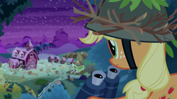 Size: 1280x720 | Tagged: safe, screencap, character:applejack, species:earth pony, species:pony, episode:going to seed, g4, my little pony: friendship is magic, binoculars, solo, sweet apple acres