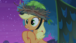 Size: 1920x1080 | Tagged: safe, screencap, character:applejack, species:earth pony, species:pony, episode:going to seed, g4, my little pony: friendship is magic, smiling, solo