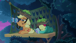 Size: 1920x1080 | Tagged: safe, screencap, character:apple bloom, character:applejack, species:earth pony, species:pony, episode:going to seed, g4, my little pony: friendship is magic, binoculars, sleeping
