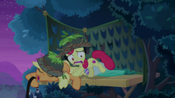 Size: 1920x1080 | Tagged: safe, screencap, character:apple bloom, character:applejack, species:earth pony, species:pony, episode:going to seed, g4, my little pony: friendship is magic, binoculars, drool, sleeping