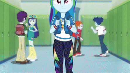 Size: 444x250 | Tagged: safe, screencap, character:blueberry cake, character:curly winds, character:drama letter, character:rainbow dash, character:watermelody, character:wiz kid, episode:run to break free, g4, my little pony:equestria girls, animated, backpack, blueberry cake, canterlot high, converse, curly winds, cute, dashabetes, eyes closed, geode of super speed, gif, hallway, head scratch, looking at you, magical geodes, rainbow dash is not amused, sad, sadorable, shoes, singing, solo focus, some blue guy, talking, unamused, walking, wiz kid