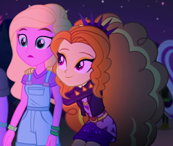 Size: 1270x1078 | Tagged: safe, screencap, character:adagio dazzle, character:sonata dusk, episode:find the magic, g4, my little pony:equestria girls, adoragio, clothing, cropped, cute, duke suave, female, hands on shoulder, male, offscreen character, overall shorts, overalls, sandy cerise, shorts