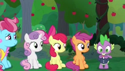 Size: 1920x1080 | Tagged: safe, screencap, character:apple bloom, character:cup cake, character:scootaloo, character:spike, character:sweetie belle, species:pegasus, species:pony, episode:the big mac question, g4, my little pony: friendship is magic, apple, apple tree, bow tie, clothing, cutie mark crusaders, suit, tree