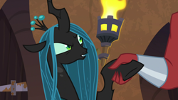 Size: 1920x1080 | Tagged: safe, screencap, character:lord tirek, character:queen chrysalis, episode:the ending of the end, g4, my little pony: friendship is magic, evil lair, grogar's lair, holding hands, holding hooves, lair, narrowed eyes, raised eyebrow, suspicious, torch