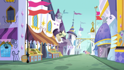 Size: 1920x1080 | Tagged: safe, screencap, character:fluttershy, character:rarity, species:pegasus, species:pony, species:unicorn, episode:the ending of the end, g4, my little pony: friendship is magic, barrel, canterlot, female, mare, potted plant, statue, street, vendor stall