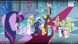 Size: 1920x1080 | Tagged: safe, screencap, character:applejack, character:discord, character:fluttershy, character:pinkie pie, character:princess celestia, character:princess luna, character:rainbow dash, character:rarity, character:spike, character:twilight sparkle, character:twilight sparkle (alicorn), species:alicorn, species:earth pony, species:pegasus, species:pony, species:unicorn, episode:the ending of the end, g4, my little pony: friendship is magic, animatic arrow, animation error, arrow, royal guard