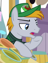 Size: 540x705 | Tagged: safe, screencap, species:pony, episode:the ending of the end, g4, my little pony: friendship is magic, baseball cap, cap, clothing, cropped, hat, lidded eyes, male, raised hoof, shirt, stallion, sub sandwich (character), talking, vendor stall