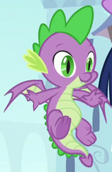 Size: 303x465 | Tagged: safe, screencap, character:spike, species:dragon, episode:the ending of the end, g4, my little pony: friendship is magic, action pose, belly, chubby, cropped, cute, cute little fangs, fangs, flying, male, smiling, solo focus, winged spike