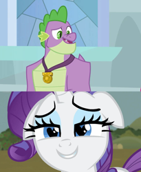 Size: 884x1080 | Tagged: safe, screencap, character:rarity, character:spike, species:dragon, ship:sparity, episode:simple ways, episode:the last problem, g4, my little pony: friendship is magic, claws, cropped, female, floppy ears, gigachad spike, heart eyes, male, medal, older, older spike, raised eyebrow, shipping, smiling, straight, tail, time skip, wingding eyes, winged spike
