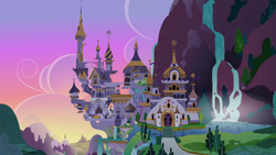 Size: 1920x1080 | Tagged: safe, screencap, episode:the ending of the end, g4, my little pony: friendship is magic, background, canterlot, canterlot castle, mountain, no pony, scenery, sunset, tree, waterfall
