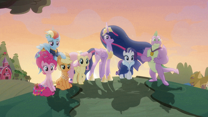 Size: 800x450 | Tagged: safe, screencap, character:applejack, character:fluttershy, character:pinkie pie, character:rainbow dash, character:rarity, character:spike, character:twilight sparkle, character:twilight sparkle (alicorn), species:alicorn, species:pony, episode:the last problem, g4, my little pony: friendship is magic, animated, book, book of harmony, bookends, fin, full circle, gigachad spike, mane six, older, older applejack, older fluttershy, older mane seven, older mane six, older pinkie pie, older rainbow dash, older rarity, older spike, older twilight, the end, the magic of friendship grows