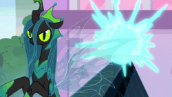 Size: 1920x1080 | Tagged: safe, screencap, character:queen chrysalis, character:starlight glimmer, species:changeling, species:pony, species:unicorn, episode:the ending of the end, g4, my little pony: friendship is magic, animated, badass, female, fight, former queen chrysalis, magic, mare, sassy, snow, sound, teleportation, ultimate chrysalis, webm
