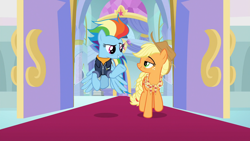 Size: 1920x1080 | Tagged: safe, screencap, character:applejack, character:rainbow dash, species:earth pony, species:pegasus, species:pony, episode:the last problem, g4, my little pony: friendship is magic, applejack's hat, clothing, cowboy hat, female, granny smith's scarf, hat, mare, older, older applejack, older rainbow dash, shipping fuel, twilight's castle