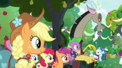 Size: 1920x1080 | Tagged: safe, screencap, character:apple bloom, character:applejack, character:cup cake, character:discord, character:double diamond, character:night glider, character:party favor, character:scootaloo, character:spike, character:sweetie belle, species:draconequus, species:dragon, species:earth pony, species:pegasus, species:pony, species:unicorn, episode:the big mac question, g4, my little pony: friendship is magic, apple, apple tree, clothing, cutie mark crusaders, dress, food, pear tree, tree
