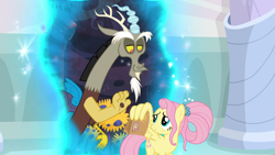 Size: 1920x1080 | Tagged: safe, screencap, character:discord, character:fluttershy, episode:the last problem, g4, my little pony: friendship is magic, lunch bag, older, older fluttershy, portal, wave, wing hands, wings