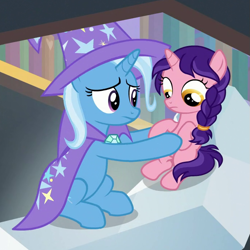 Size: 689x689 | Tagged: safe, screencap, character:trixie, species:pony, species:unicorn, episode:the ending of the end, g4, my little pony: friendship is magic, candy grapes, concerned, cropped, female, filly, helping, holding a pony, mare, raspberry dazzle