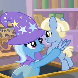 Size: 604x603 | Tagged: safe, screencap, character:trixie, species:pegasus, species:pony, species:unicorn, episode:the ending of the end, g4, my little pony: friendship is magic, animation error, colt, concerned, cropped, duo, eye contact, female, friendship student, helping, holding a pony, looking at each other, male, mare, school of friendship, smiling, water spout