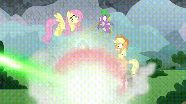 Size: 640x360 | Tagged: safe, screencap, character:applejack, character:fluttershy, character:queen chrysalis, character:rarity, character:spike, episode:the ending of the end, g4, my little pony: friendship is magic, animated, barrier, fight, fire, fire breath, laser