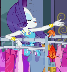 Size: 1007x1080 | Tagged: safe, screencap, character:rarity, episode:street chic, g4, my little pony:equestria girls, armpits, autumn, bracelet, clothes rack, clothing, cropped, eyes closed, eyeshadow, female, geode of shielding, jewelry, leaf, leaves, magical geodes, makeup, open mouth, outdoors, solo, wind, wind blowing