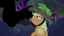 Size: 1280x720 | Tagged: safe, screencap, character:applejack, species:earth pony, species:pony, episode:going to seed, g4, my little pony: friendship is magic, apple, clothing, female, food, freckles, hat, looking up, mare, solo
