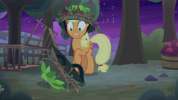 Size: 1920x1080 | Tagged: safe, screencap, character:applejack, species:earth pony, species:pony, episode:going to seed, g4, my little pony: friendship is magic, female, helmet, looking down, mare, raised hoof, solo