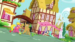 Size: 1365x766 | Tagged: safe, screencap, character:bon bon, character:caramel, character:lily, character:lily valley, character:lyra heartstrings, character:sweetie drops, ship:lyrabon, episode:the big mac question, g4, my little pony: friendship is magic, amused, apple, bon bon is amused, female, food, lesbian, living apple, marriage proposal, ring, shipping