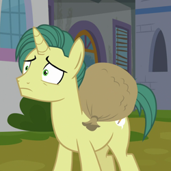 Size: 1078x1078 | Tagged: safe, screencap, character:dandy dispatch, species:pony, species:unicorn, episode:the ending of the end, g4, my little pony: friendship is magic, bag, canterlot, cropped, loot bag, male, nervous, scared, shrunken pupils, solo, stallion, worried