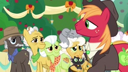 Size: 1920x1080 | Tagged: safe, screencap, character:big mcintosh, character:burnt oak, character:goldie delicious, character:grand pear, character:granny smith, species:pony, episode:the big mac question, g4, my little pony: friendship is magic, apple, apple tree, cat, clothing, hat, suit, tree