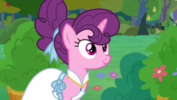 Size: 1920x1080 | Tagged: safe, screencap, character:sugar belle, species:pony, episode:the big mac question, g4, my little pony: friendship is magic, clothing, dress, pear tree, solo, tree, wedding dress