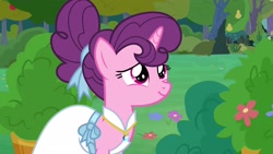 Size: 1920x1080 | Tagged: safe, screencap, character:sugar belle, species:pony, episode:the big mac question, g4, my little pony: friendship is magic, clothing, dress, pear tree, solo, tree, wedding dress