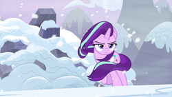 Size: 1920x1080 | Tagged: safe, screencap, character:starlight glimmer, species:pony, species:unicorn, episode:the ending of the end, g4, my little pony: friendship is magic, badass, female, frown, lidded eyes, mare, snow, solo, walking away, windswept mane