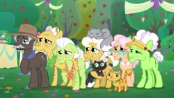 Size: 1920x1080 | Tagged: safe, screencap, character:apple rose, character:auntie applesauce, character:burnt oak, character:goldie delicious, character:grand pear, character:granny smith, species:pony, episode:the big mac question, g4, my little pony: friendship is magic, apple, apple tree, cat, tree