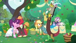 Size: 1920x1080 | Tagged: safe, screencap, character:applejack, character:big mcintosh, character:discord, character:spike, character:sugar belle, species:draconequus, species:dragon, species:earth pony, species:pony, species:unicorn, ship:sugarmac, episode:the big mac question, g4, my little pony: friendship is magic, apple, apple tree, clothing, dress, female, hat, intertwined trees, male, pear tree, shipping, straight, suit, tree, wedding dress, winged spike